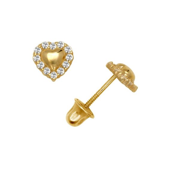 14K Solid Yellow And White Gold Heart Stud Earrings Set With Sparkling Stones - Picture 1 of 3
